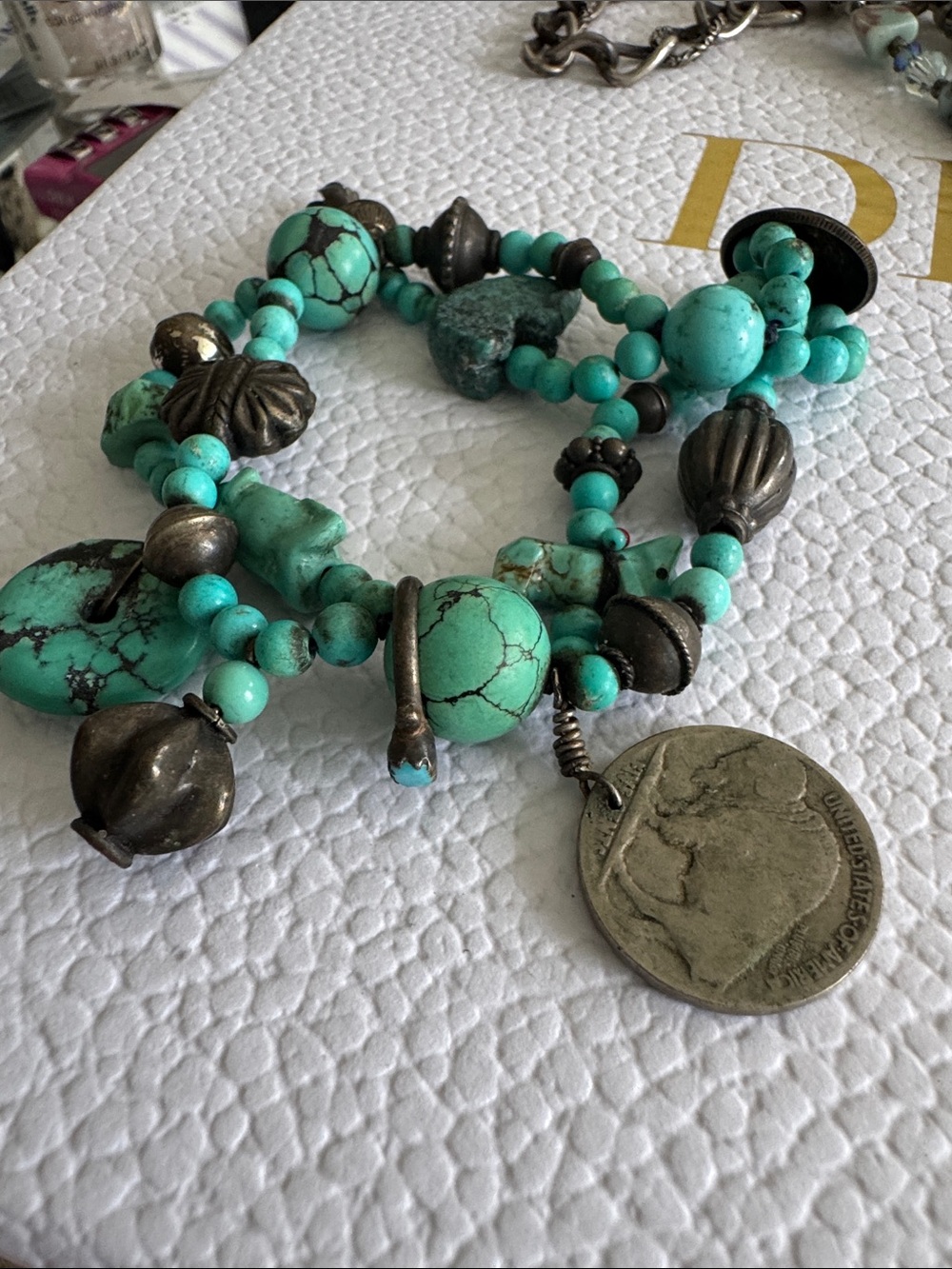 Turquoise Bead and Coin Charm Bracelet vintage